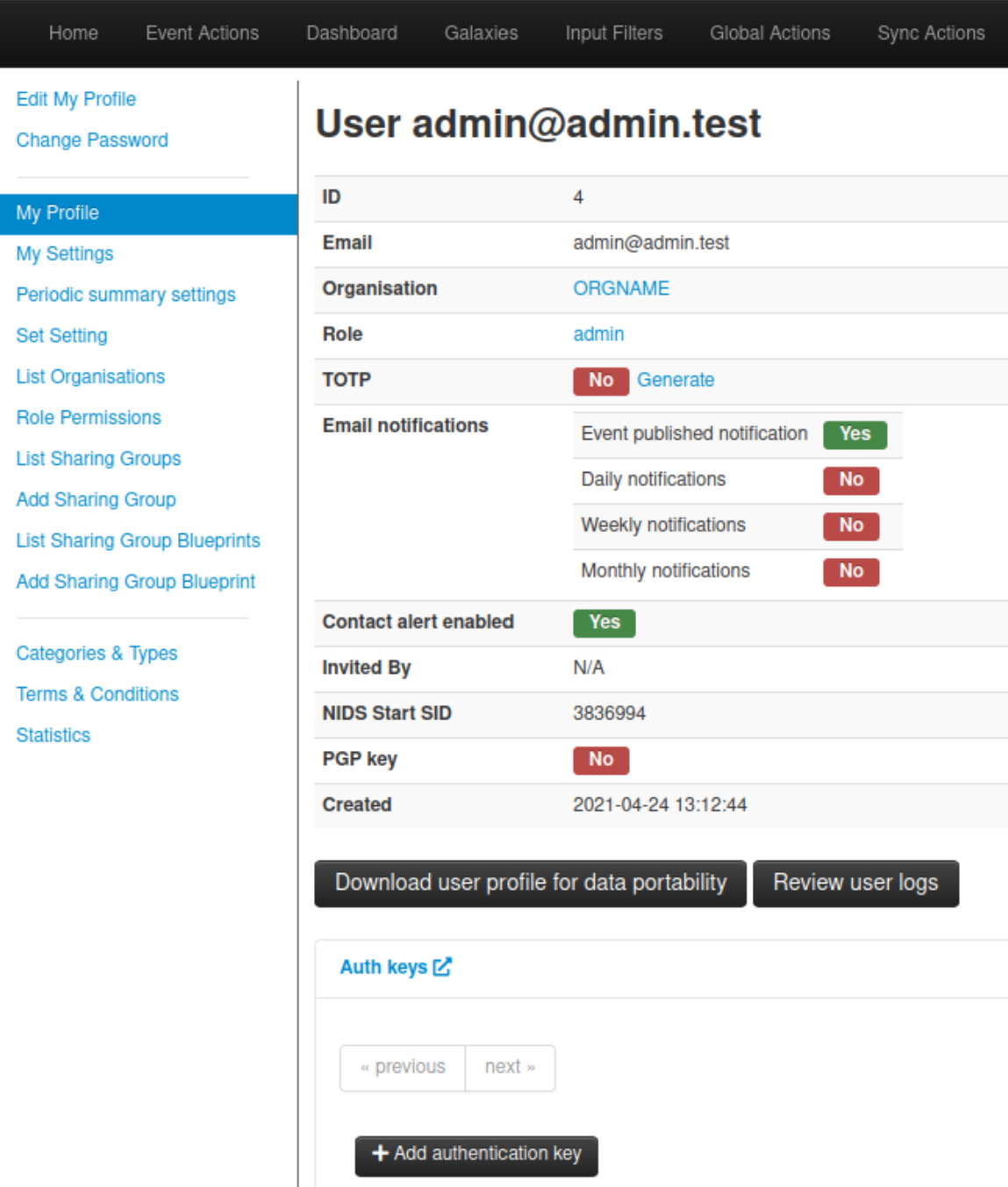 Screenshot of My Profile view with Auth keys expanded