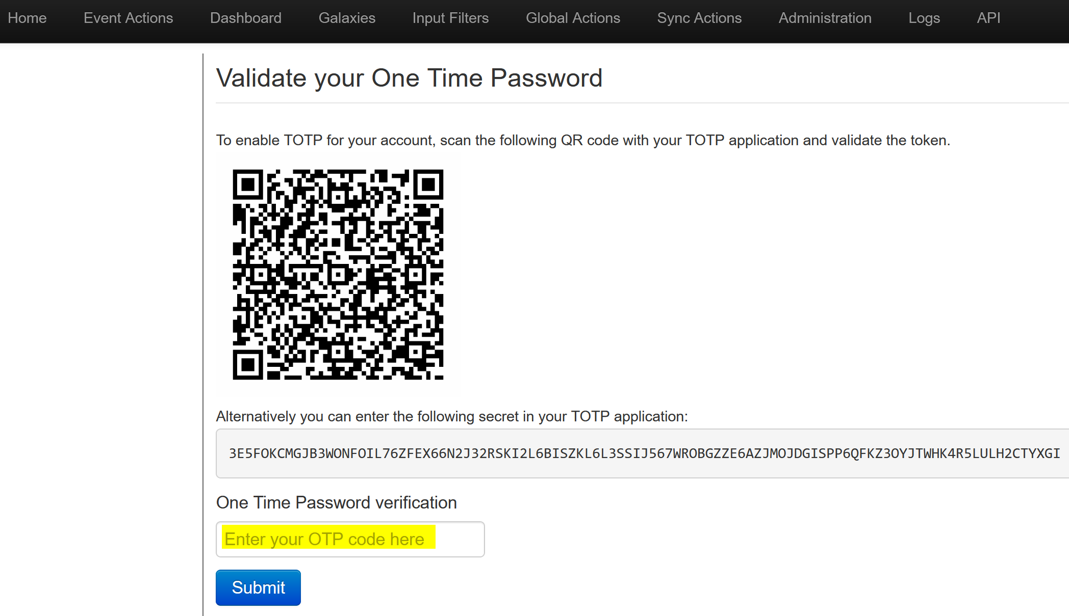 Screenshot of TOTP set up validation screen